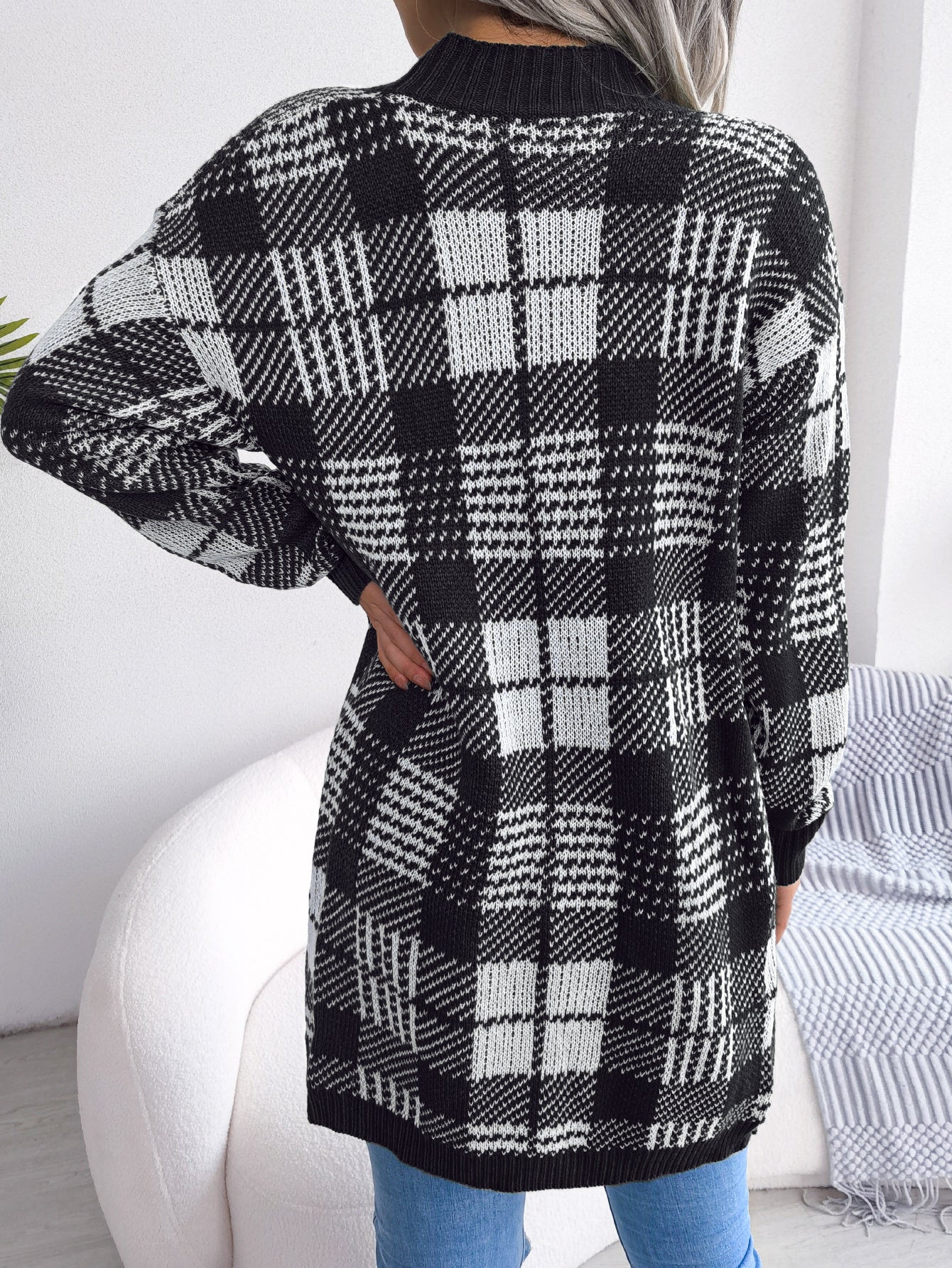 Women Plaid Tie Lantern Sleeve Casual Cardigan Sweater
