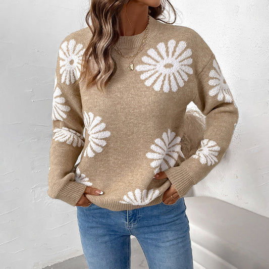 Women's Loose Long Sleeve Round Neck Flower Sweater