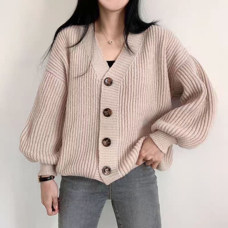 Korean Style V-Neck Solid Color Sophisticated Sweater Coat