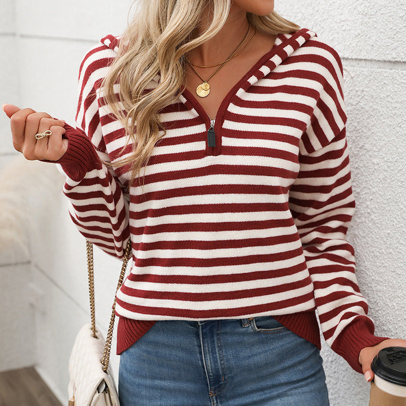 Women's V-Neck Striped Knit Pullover Sweater