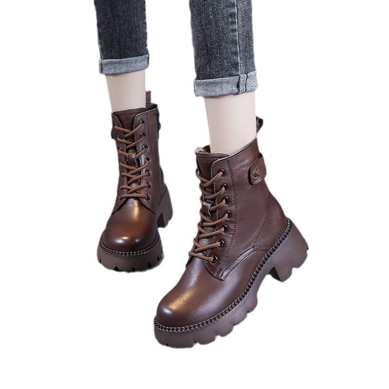 Fleece-Lined Platform Martin Boots for Women – British Style with High Heels