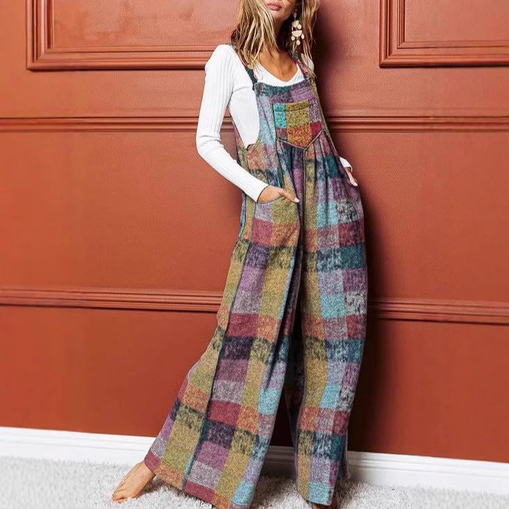 Women's Multi-Color Plush Plaid Wide-Leg Overalls – Cozy and Stylish