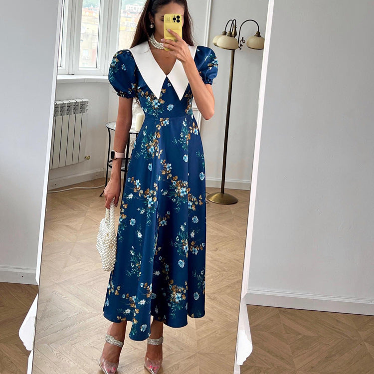 Blue Floral Dress with Peter Pan Collar and Short Sleeves