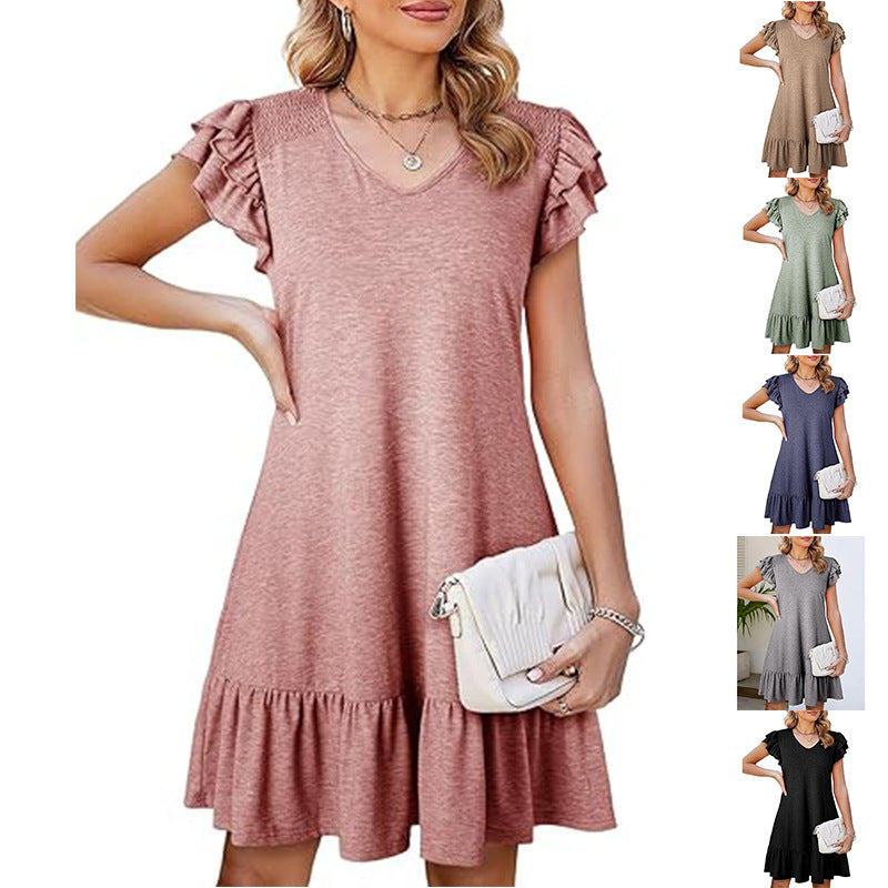 Women's V-Neck Ruffled Loose-Fit Waist Short Sleeve Dress