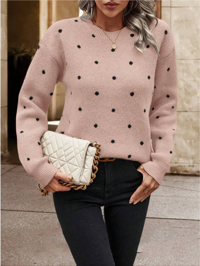 Fashion Round Neck Polka Dot Jacquard Long Sleeve Sweater – Trendy and Comfortable Pullover