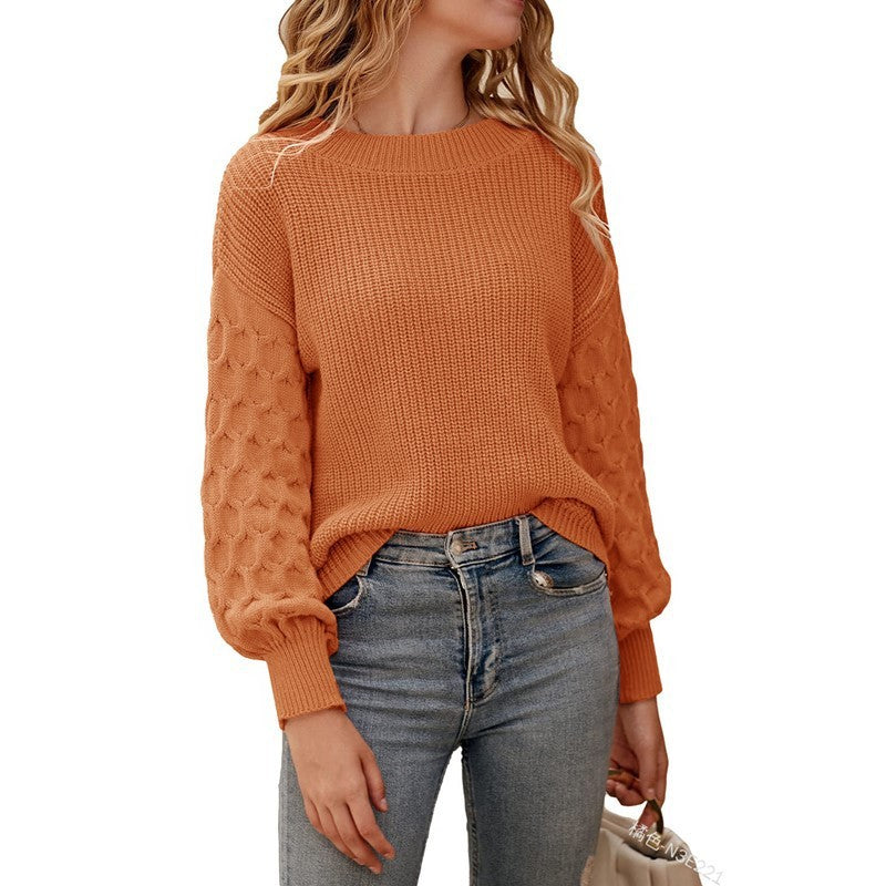 Women's Fashion Solid Color Knit Top with Lantern Sleeves