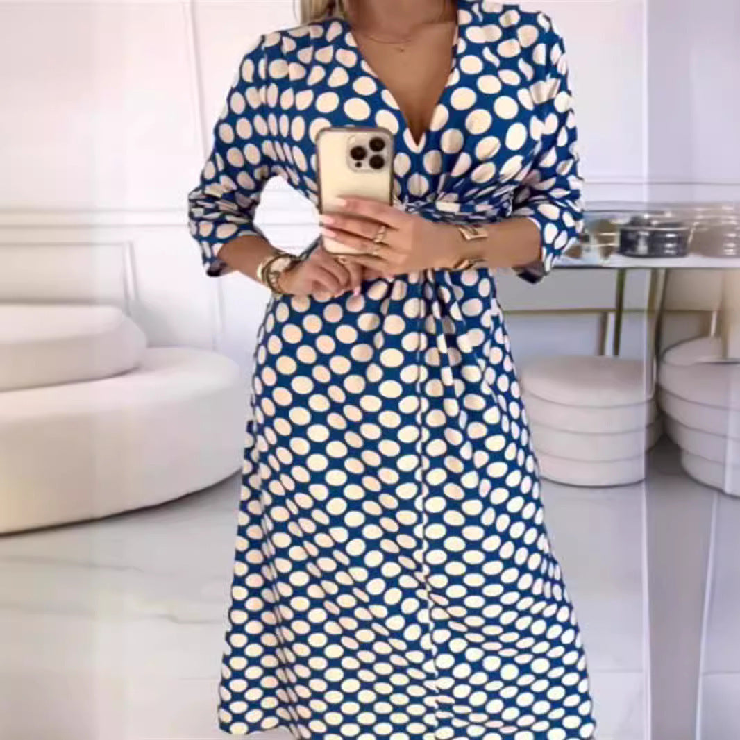 V-neck Casual Long Sleeve Dotted Prints Dress