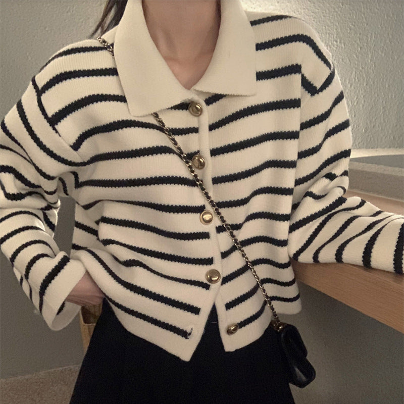 Winter Retro Anti-Aging Lapel Contrast Color Striped Jacquard Knitted Sweater