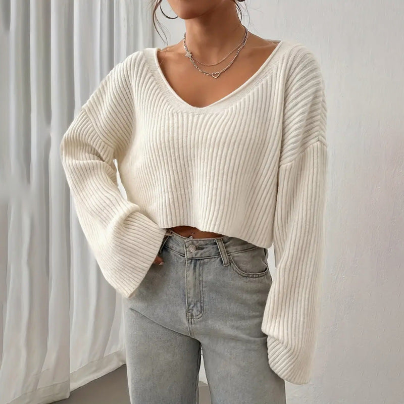 Women's Loose-Fit Midriff-Baring Sweater with Drop Shoulders and Ribbed Knit