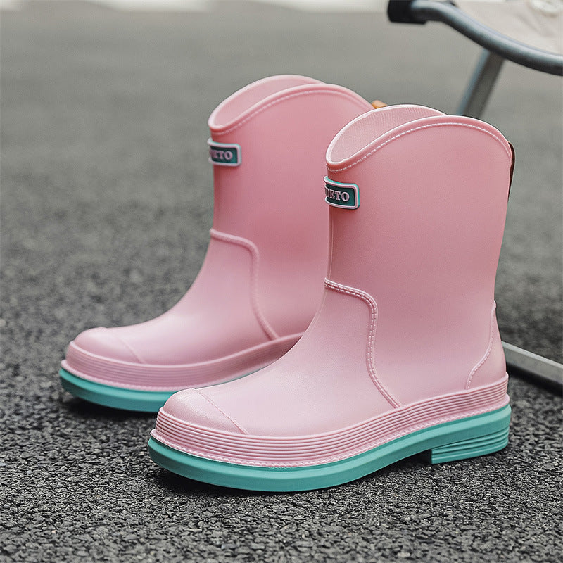 Waterproof Mid-Calf Rubber Boots for Women – Stylish Contrast Color Design