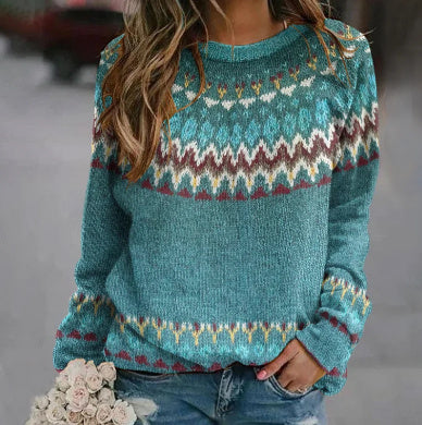 Creative Sweater with Printed Patchwork, Round Neck, and Raglan Long Sleeves