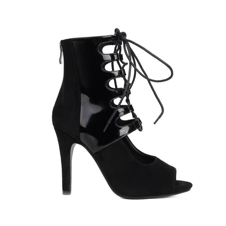 Suede and Patent Leather Stitching Round-Toe High Heel Sandal Boots