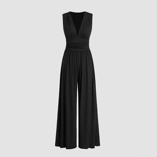 Women's Deep V-Neck Pleated Wide-Leg Jumpsuit with Stretch Body-Shaping Design