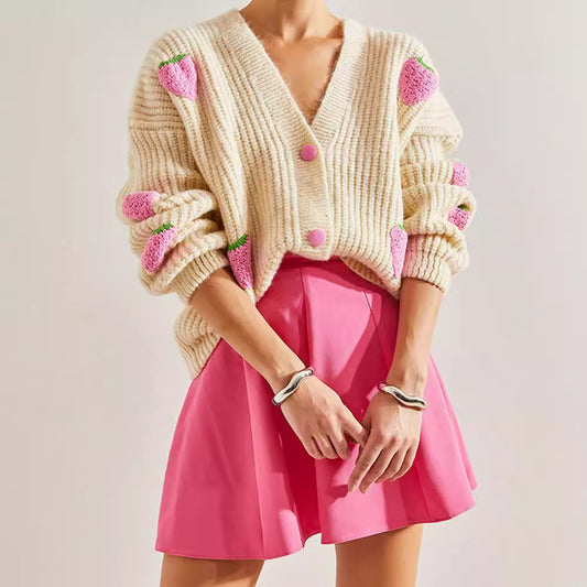 Sweet V-Neck Beige Cardigan Sweater with Decorative Details