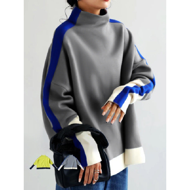 Long Sleeve Contrast Color Slit Turtleneck Hoodie Sweatshirt