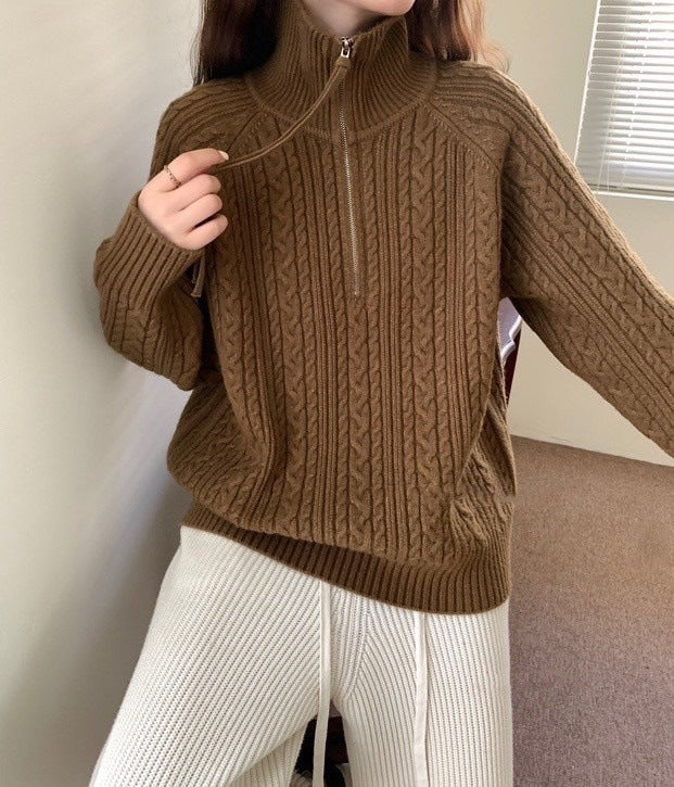 Women's Lapel Half-Zipper Cable-Knit Pullover Sweater