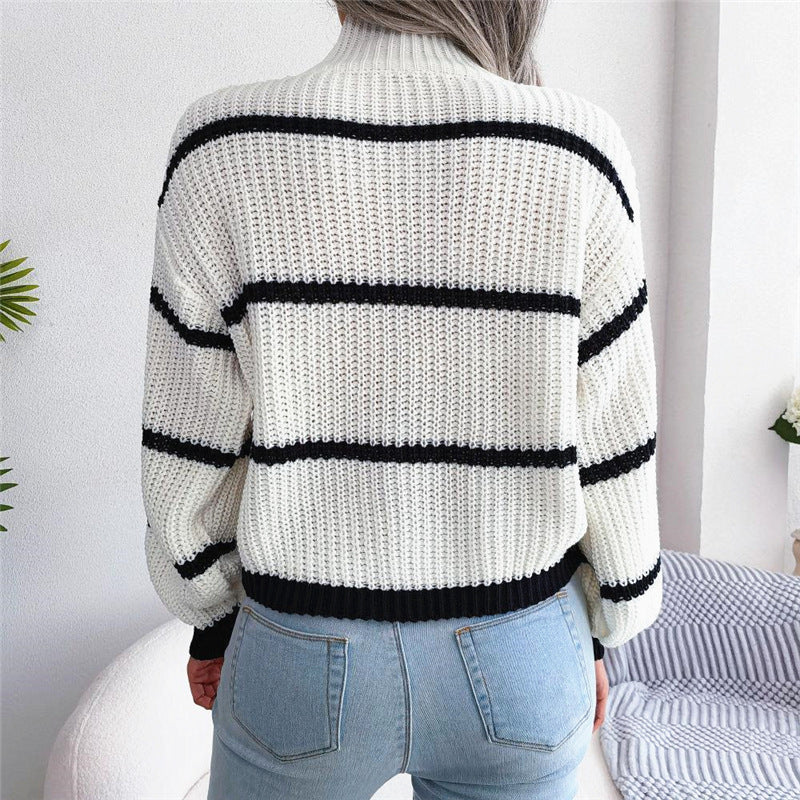 New Contrast Color Striped Half Turtleneck Pullover Sweater