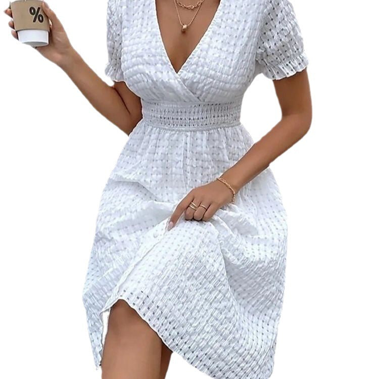 White Deep V-Neck Waffle Knit Bohemian Dress