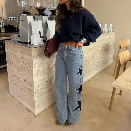 Fashion Casual Five-pointed Star Loose Straight Leg Denim Pants