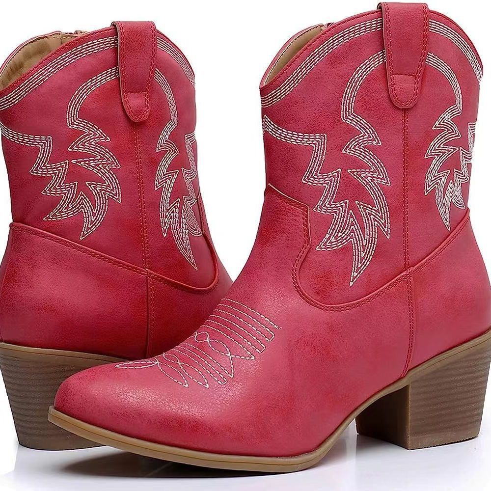 European and American Retro Chunky Heel Side Zip Western Denim Boots