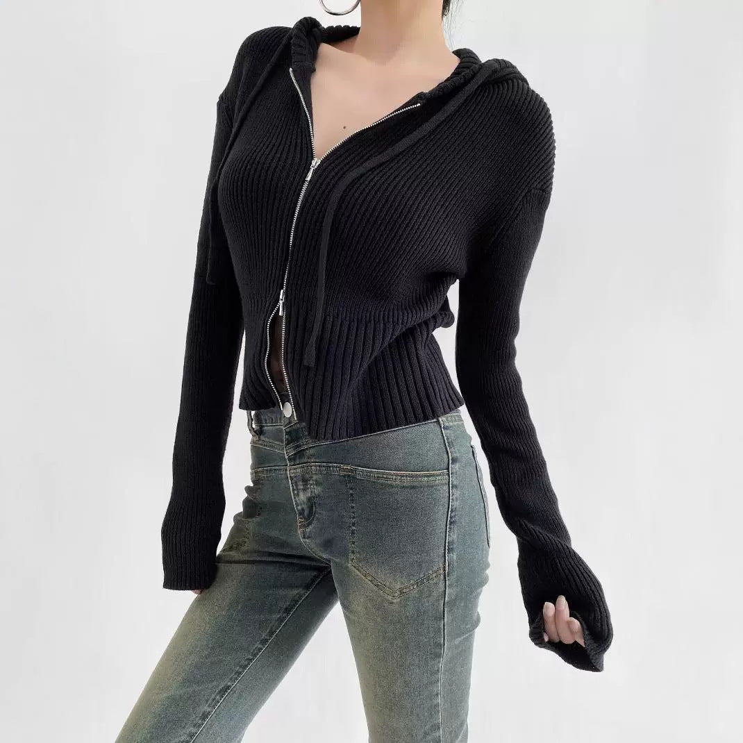 Women's American-Style Hooded Zipper Knitted Cardigan - New Short Design for Early Autumn