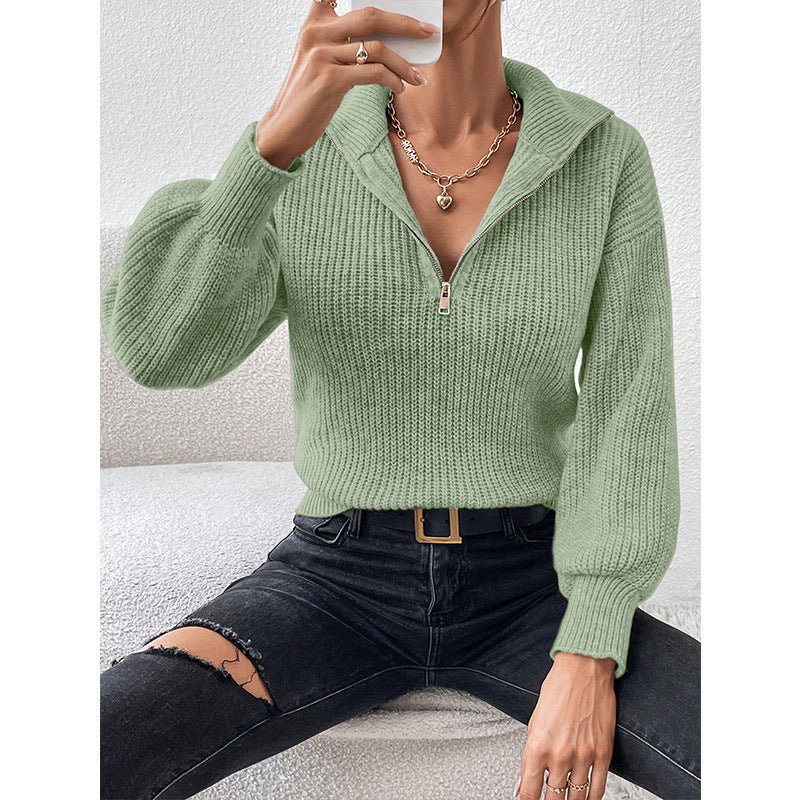 Women's Solid Color Zipper Pullover Loose-Fit Casual Long Sleeve Sweater