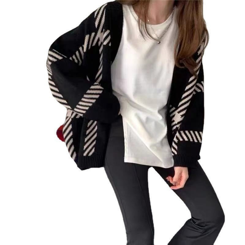 Women's Black Striped Knitted Cardigan Sweater