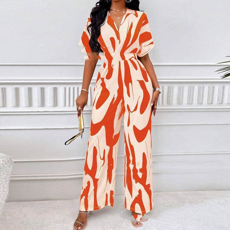 V-Neck Loose-Fit Printed Long Jumpsuit