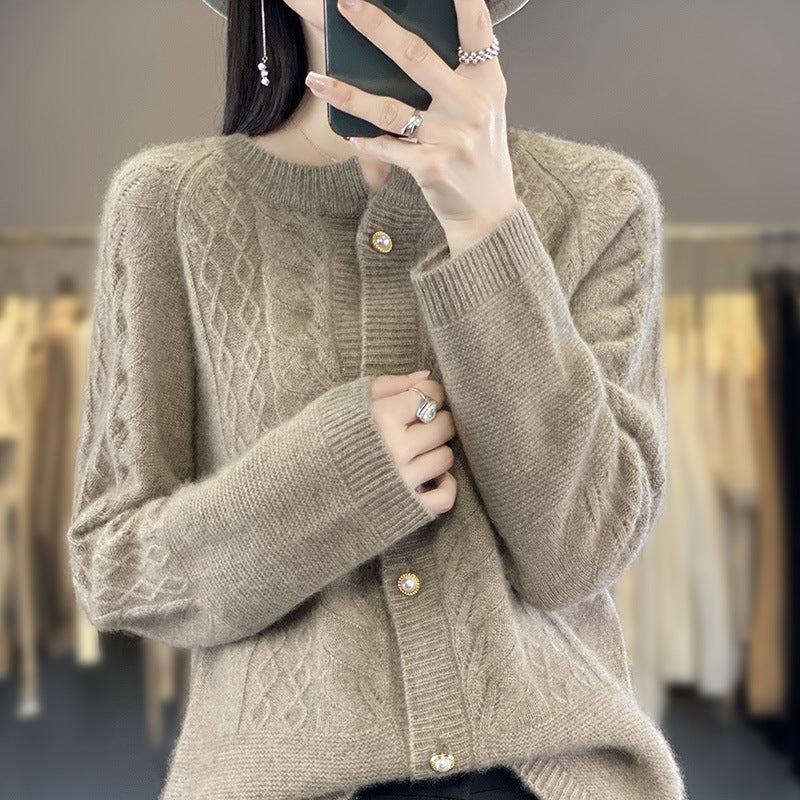 Women's Round Neck Pure Wool Knit Cardigan – Long Sleeve, Casual and Simple Design