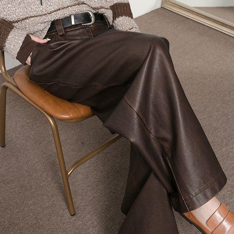 Vintage Brown Pleated PU Leather Pants for Women