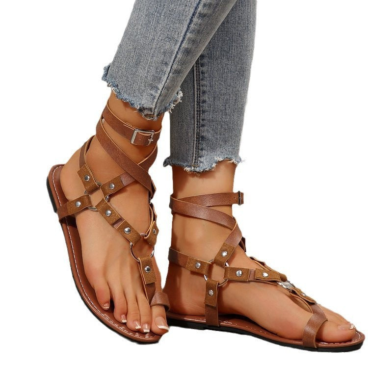 European and American Style Cross-Strap Serpentine Flat Sandals