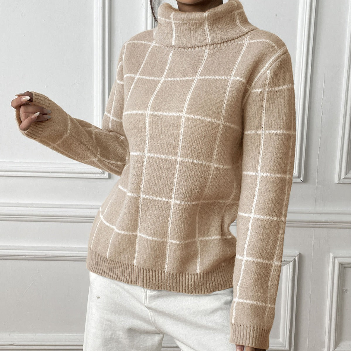 Women's Color-Contrast Checkered Turtleneck Pullover Sweater