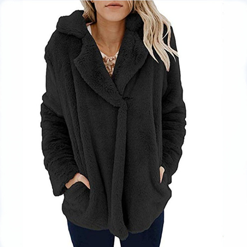 Women's New Cardigan with Suit Collar – Long Sleeve Plush Top