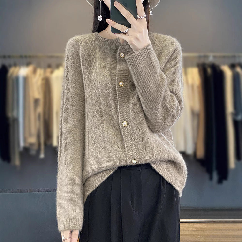 Women's Round Neck Pure Wool Knit Cardigan – Long Sleeve, Casual and Simple Design