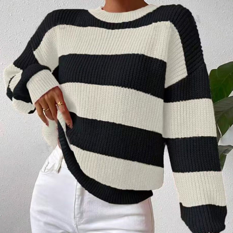 Women's Loose Fit Striped Sweater - Long Sleeve Pullover