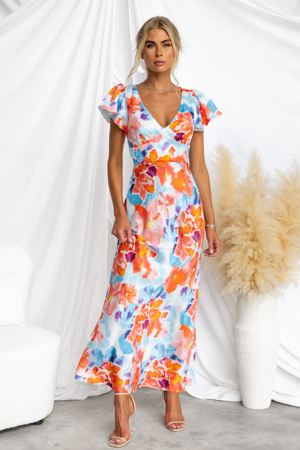 Flower Print V-Neck Ruffle Mid-Length Dress