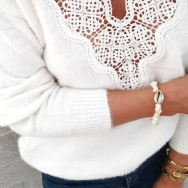 White Lace V-Neck Sweater – Warm and Elegant Top for Women