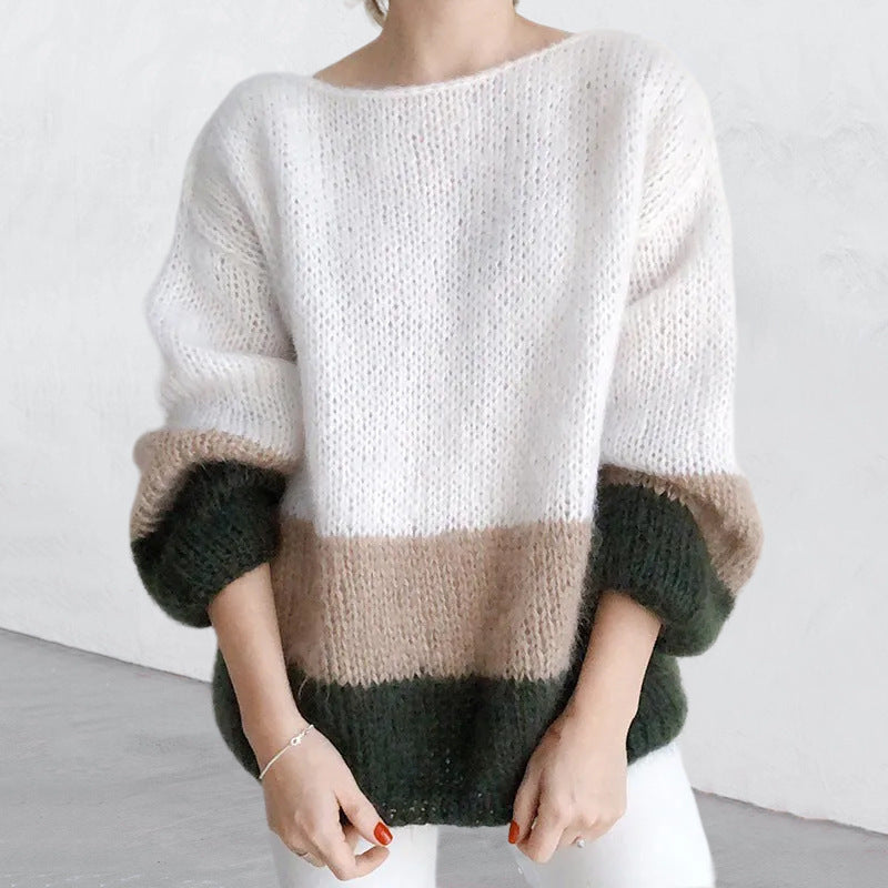 New Autumn and Winter Temperament Commuter Color-Blocking Knitted Furry Sweater