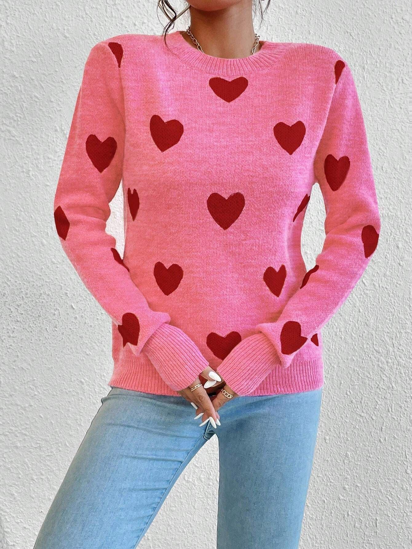 Leisure Heart Jacquard Long Sleeve Crew Neck Pullover Sweater for Women