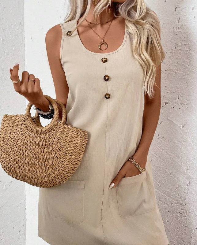 Solid Color Simple Style Women Sleeveless A-Line Dress For Daily Wear