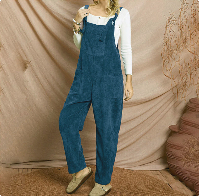 Corduroy Jumpsuit with Shoulder Straps and Multi-Pocket Design