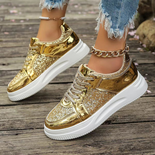 Women's Fashion Lace-Up Flat Shoes – Sequin Design, Casual Sports Style, Thick-Bottom Round-Toe Sneakers