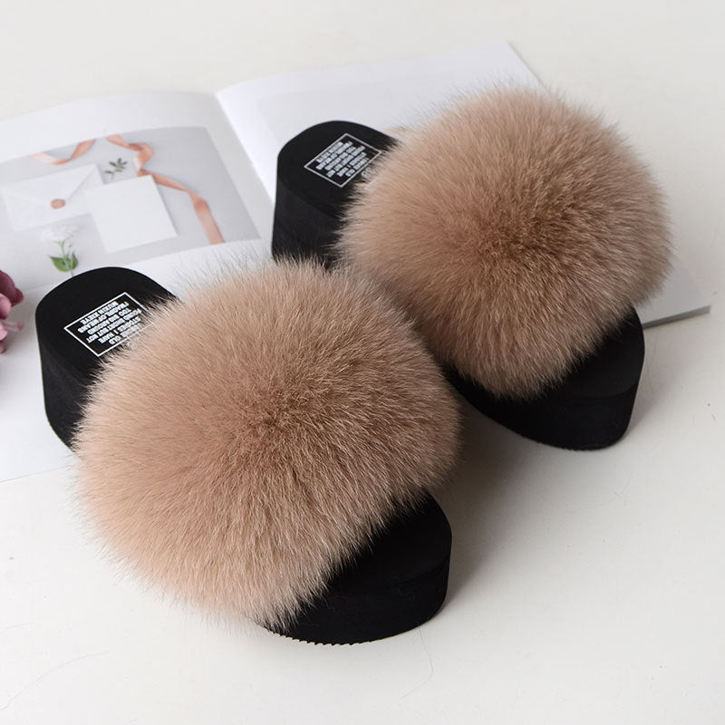 New Fox Fur Women Sandals Height Increasing Casual