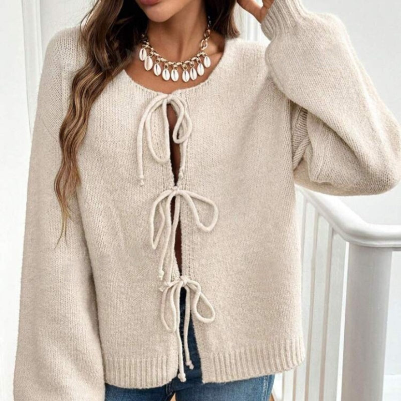 Women's Casual Loose Lace-Up Cardigan – Solid Color Sweater