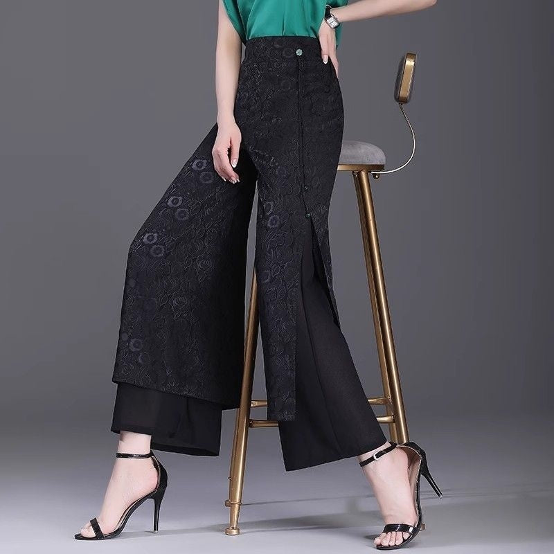 Chinese Style High Waist Loose Split Pants, Thin Fabric