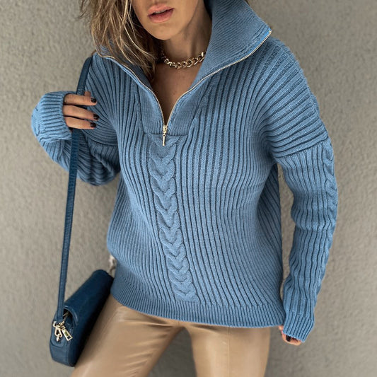 Autumn and Winter Solid Color Knitted Zip-Up Pullover