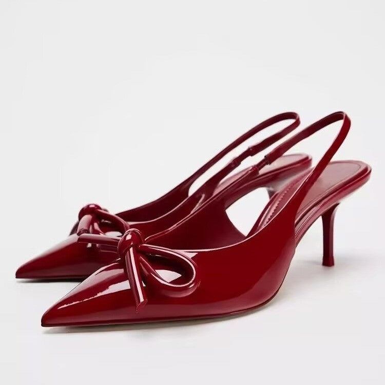 Women's Red Bowknot Low-Cut Exposed Heel Shoes