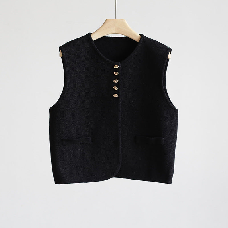 Static Luxury Old Money Style Round Neck Golden Bean Buckle Knitted Vest