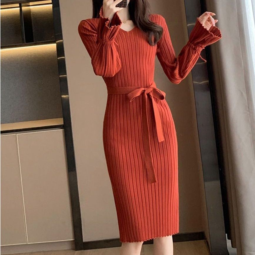 Autumn and Winter Solid Color Knitted Dress with Bell Sleeves