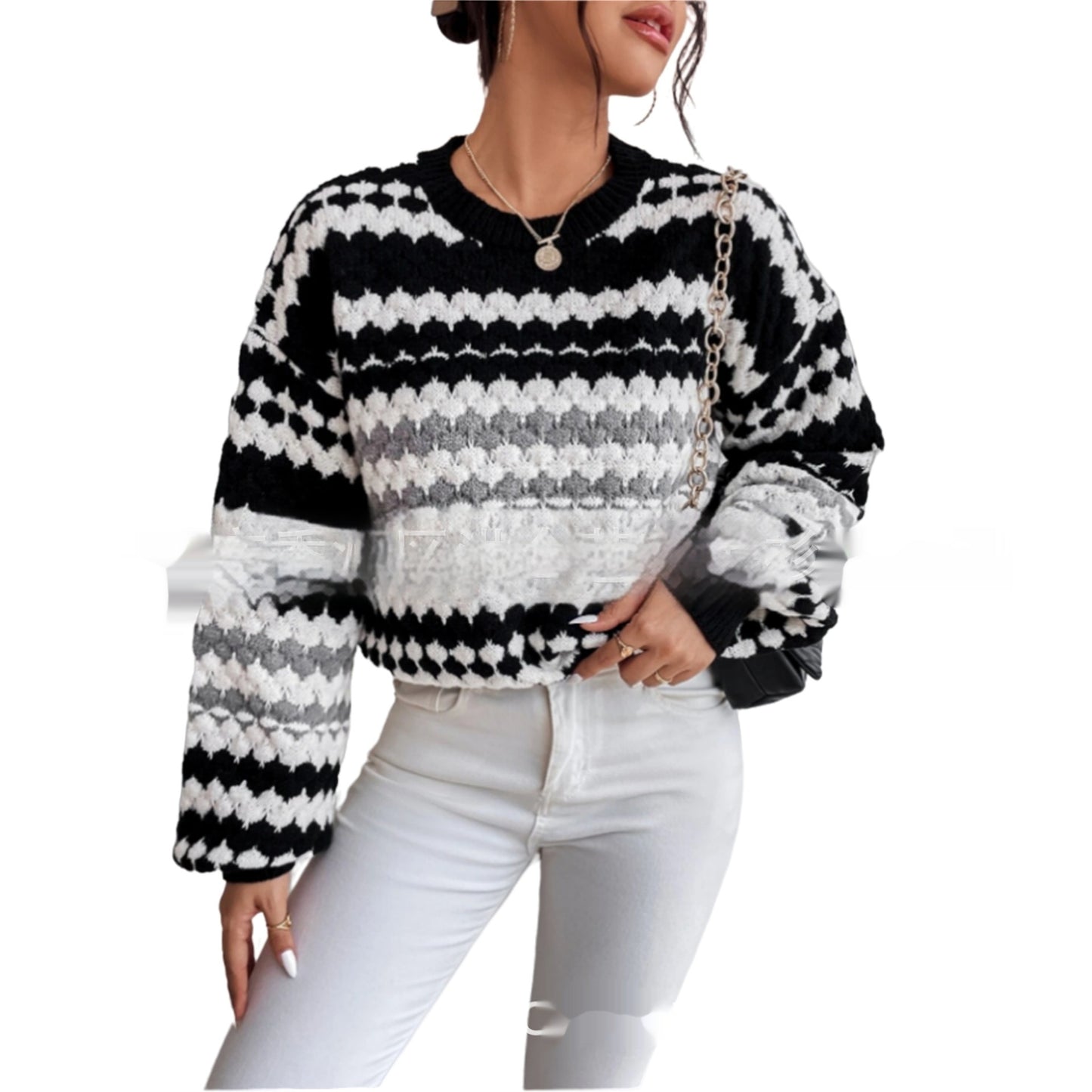 Black and White Striped Loose-Fit Mid-Length Knit Sweater